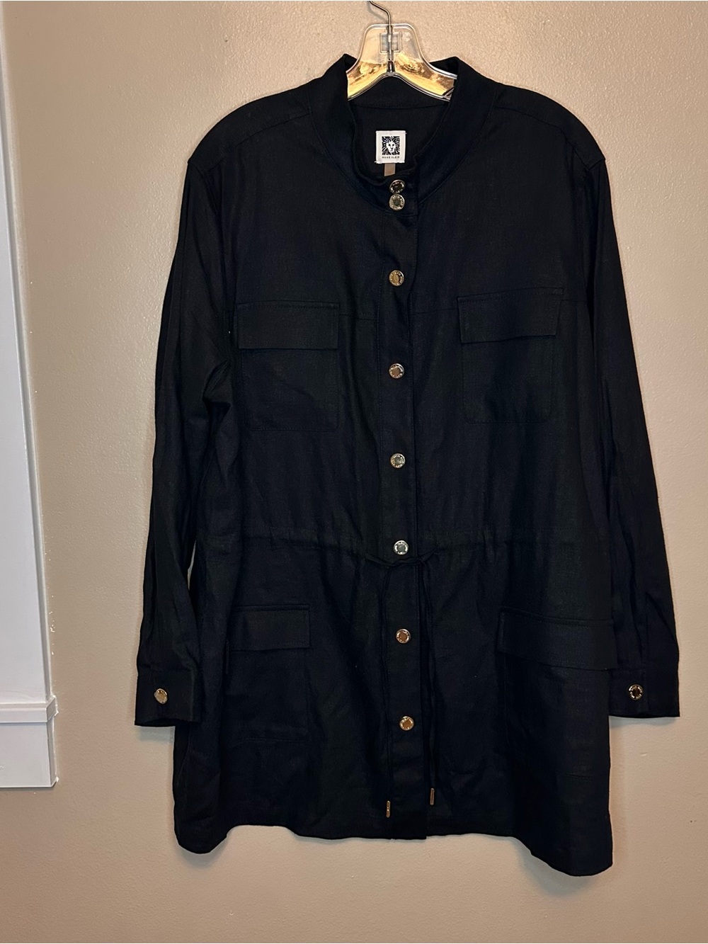 Anne Klein Black Linen Blend Utility Jacket with Snap Front
